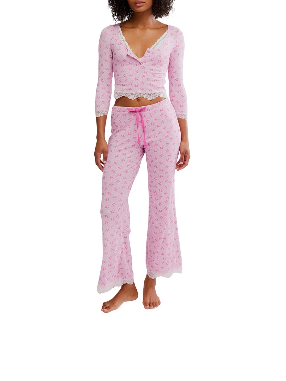 Free People Pink Floral Lace-Trim Pajama Set